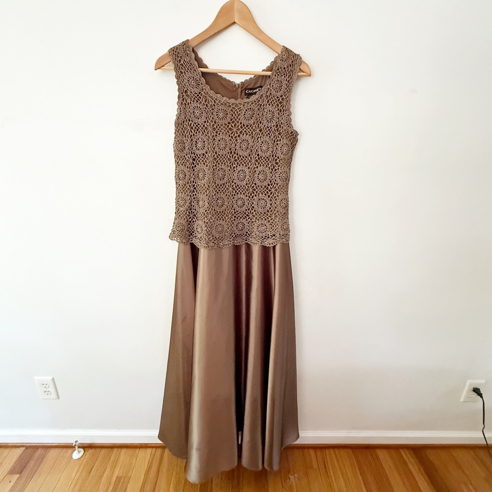 Vtg Cachet Evening Dress Womens 12 Brown Crochet Beaded Satin Maxi Gown Formal